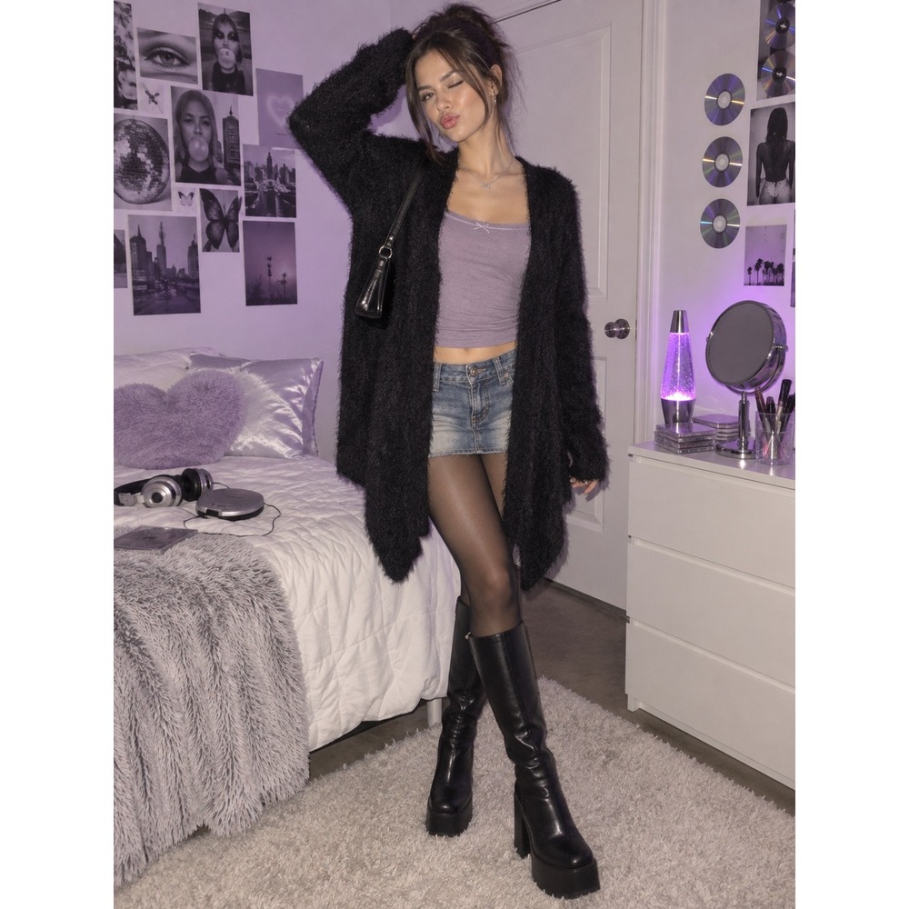 Fuzzy Cardigan Whimsigoth Grunge Witchy Open Front Womens L Black Dark Romantic